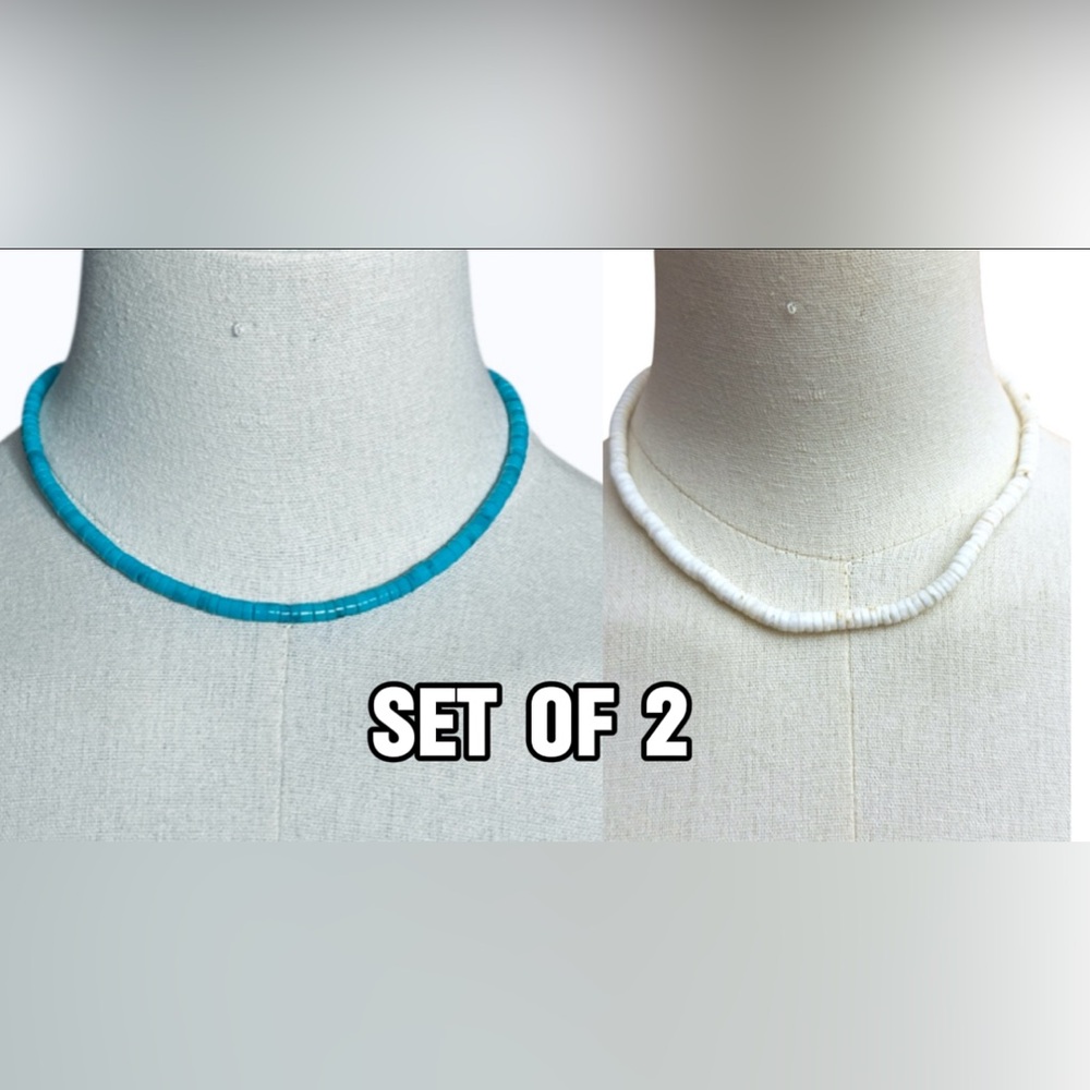 Vintage Set of (2) Surfer Shell Turquoise Blue‎ and White Necklace Set